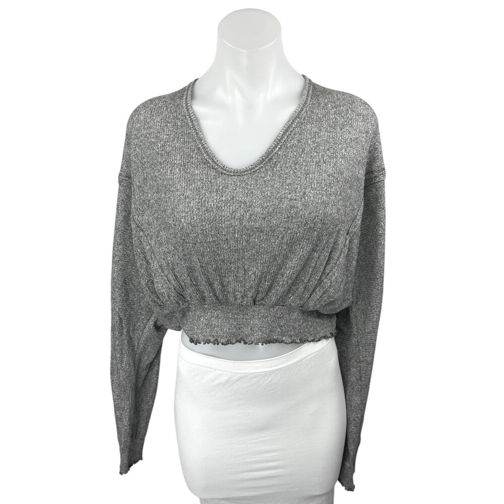 Free People We The Free Gray Long Sleeve Smocked Knit Cropped Sweater Top Size M